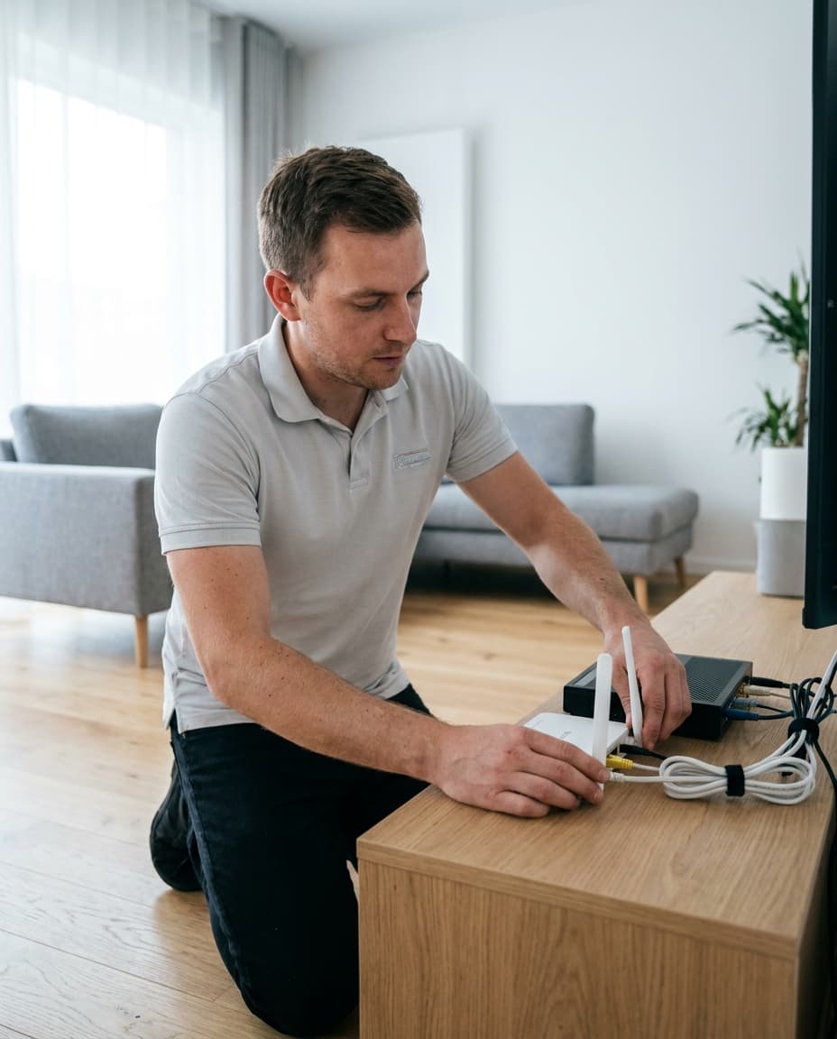 milas.ch Techniker installiert WLAN-Router und TV-Box in einem hellen Schweizer Zuhause